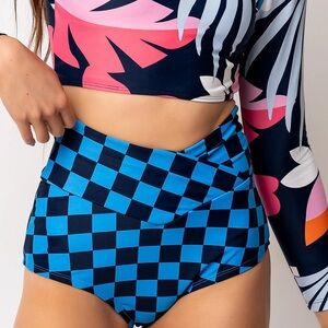 🆕 Coral Reef Swim | Checkered V-Cut High Rise Bikini Bottoms | Retro Swim